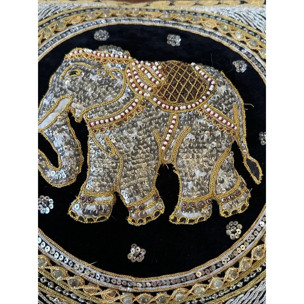 Ornate‎ Thai Elephant Throw Pillow Embroidered Sequined Tapestry Accent 15x15